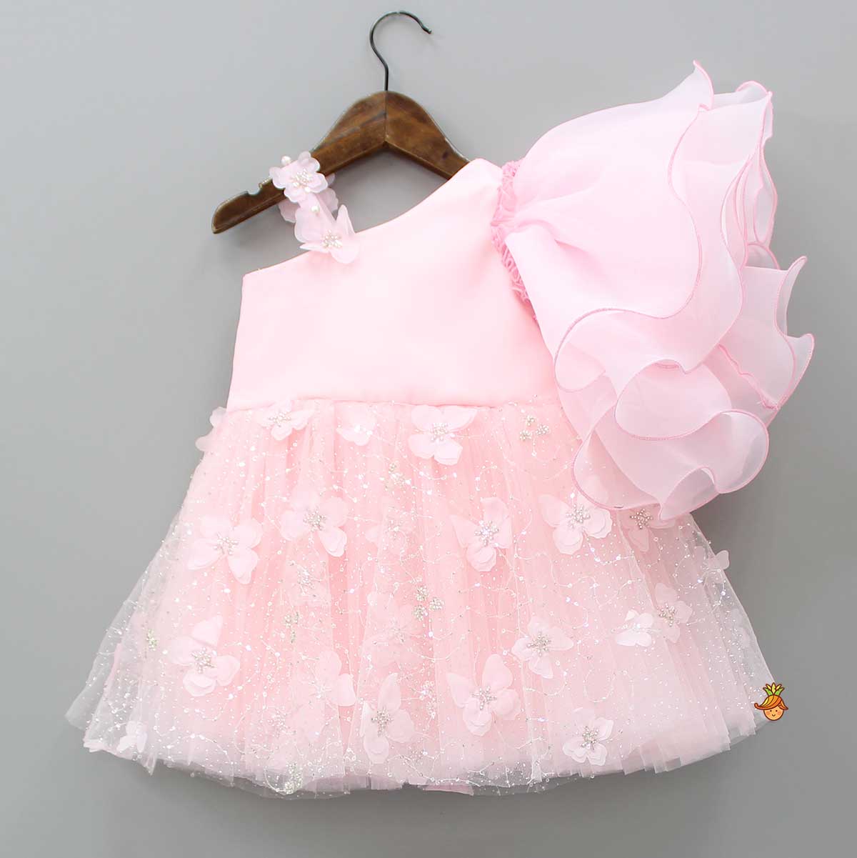 Pre Order: Butterfly Adorned Ruffle Sleeve One Shoulder Pink Dress