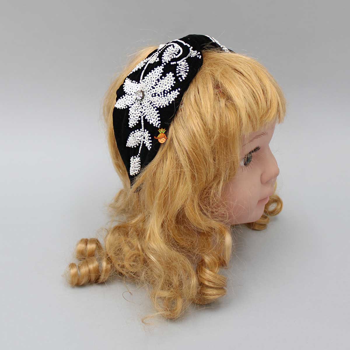 Intricate Sequins Embroidered Black Velvet Hair Band