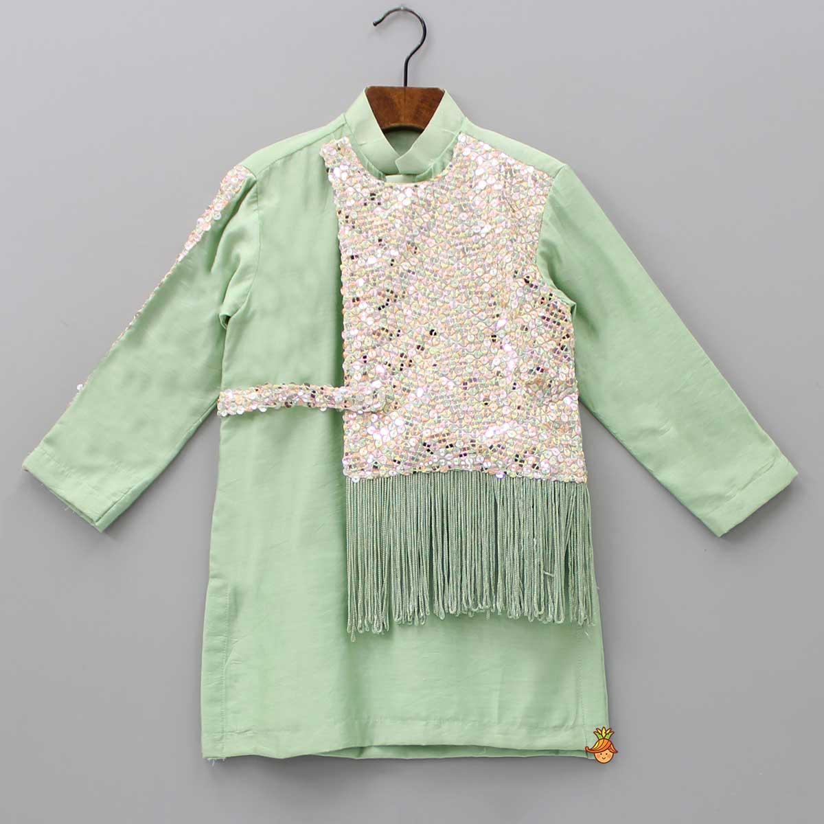 Pre Order: Sequins Embroidered Flap Green Kurta And Churidar