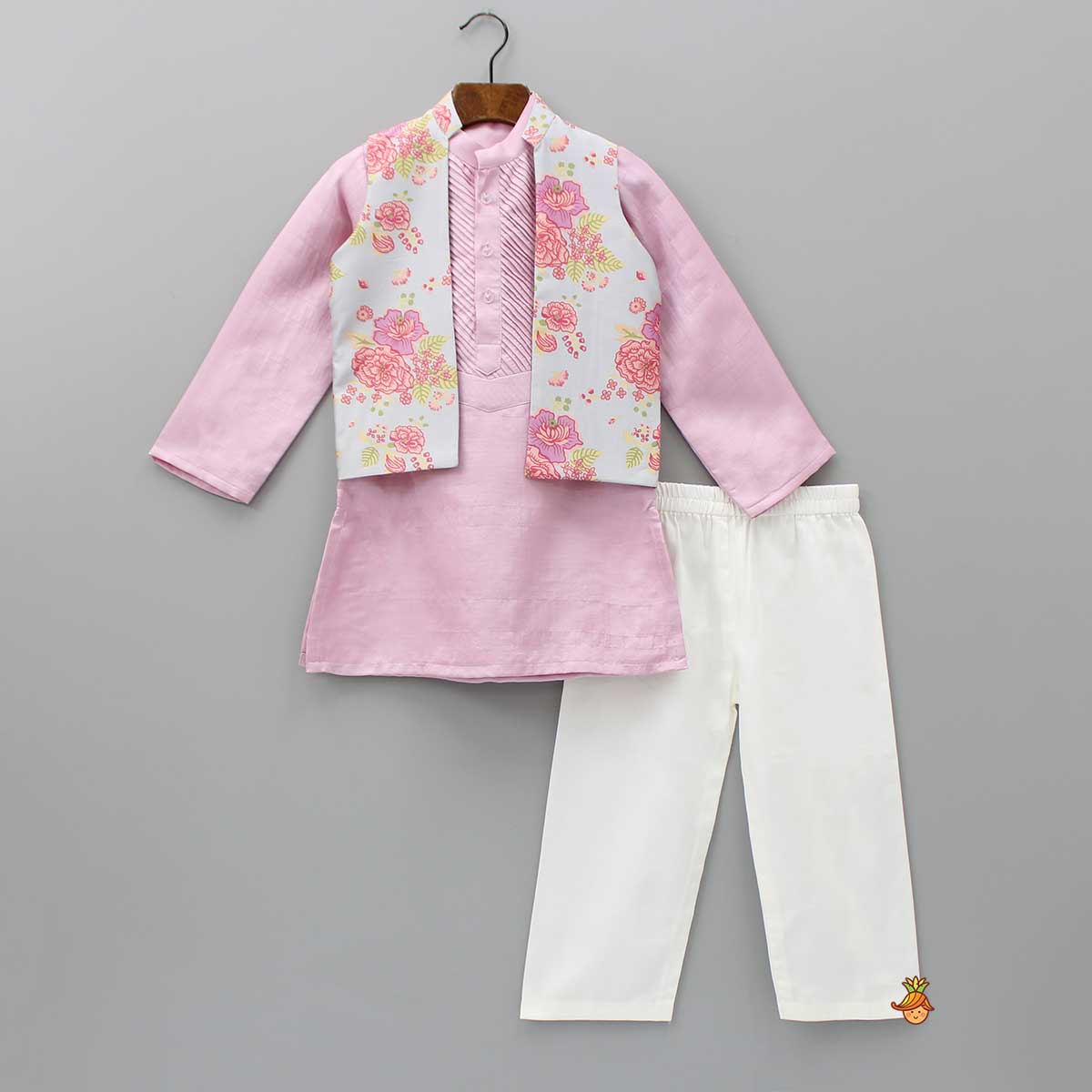 Pre Order: Pin Tuck Lilac Kurta With Floral Printed Jacket And Pyjama