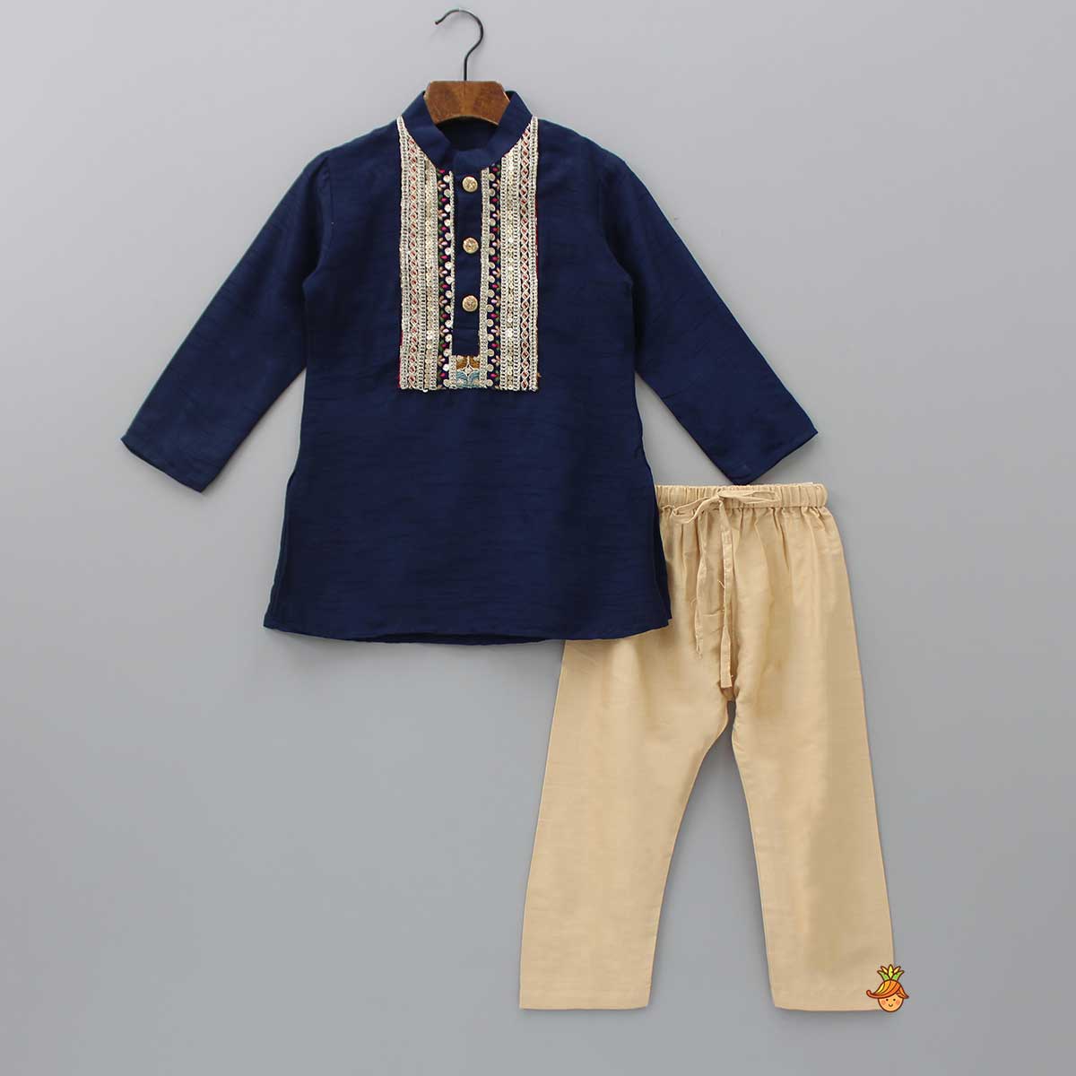 Pre Order: Embroidered Yoke Blue Kurta And Beige Pyjama