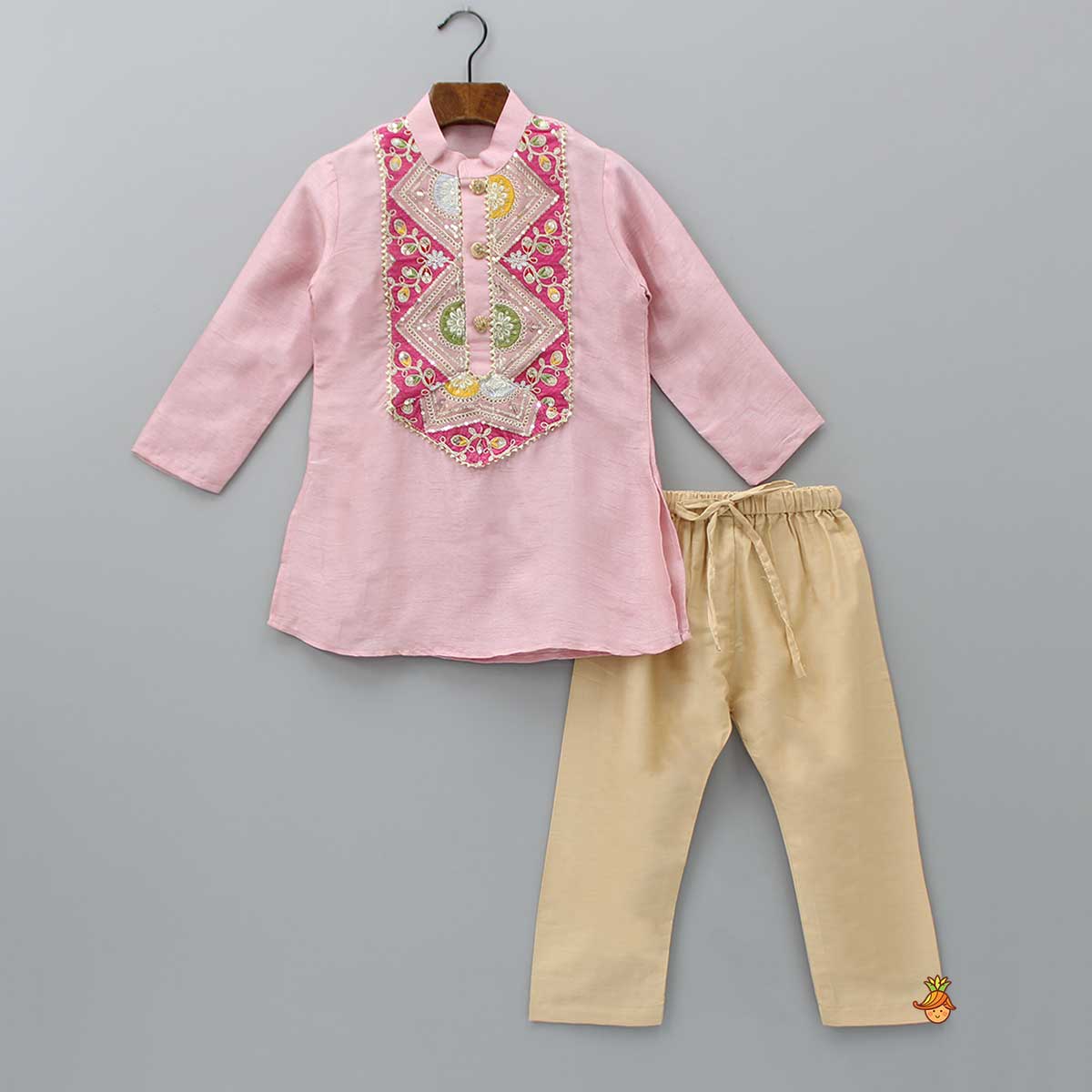 Pre Order: Embroidered Yoke Pink Kurta And Beige Pyjama