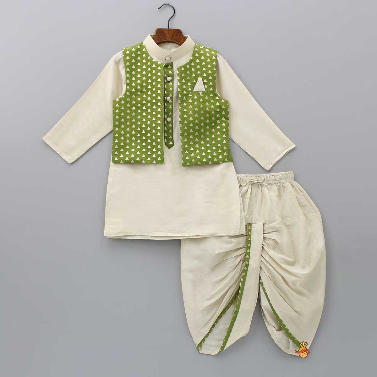 Pre Order: Embroidered Front Placket Ivory Kurta With Green Jacket And Dhoti