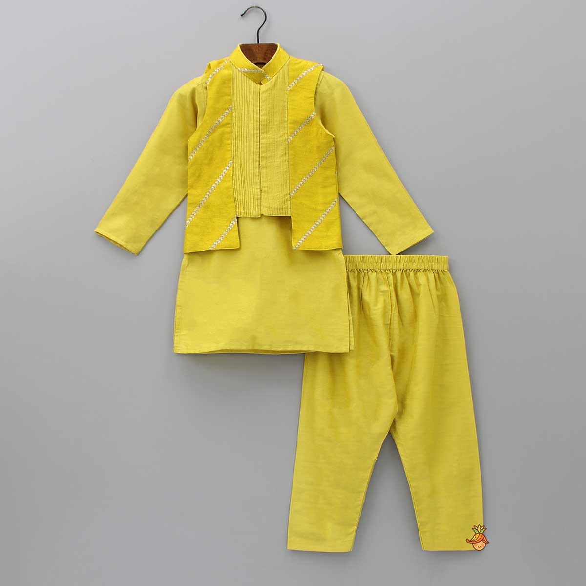 Pre Order: Mustard Kurta With Pin Tuck Jacket And Pyjama