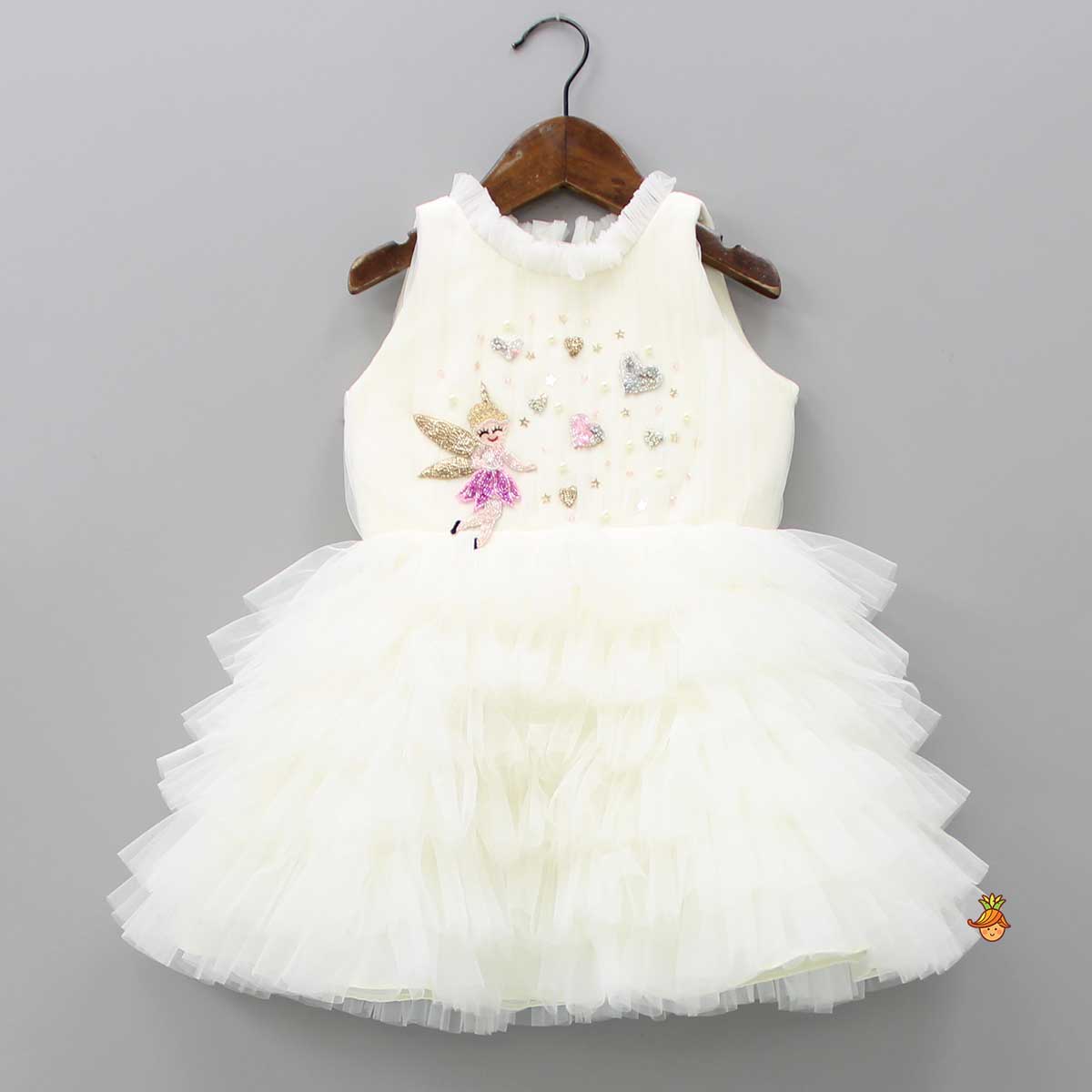 Pre Order: Fairy Embroidered Yoke Off White Multi Layered Dress With Head Band