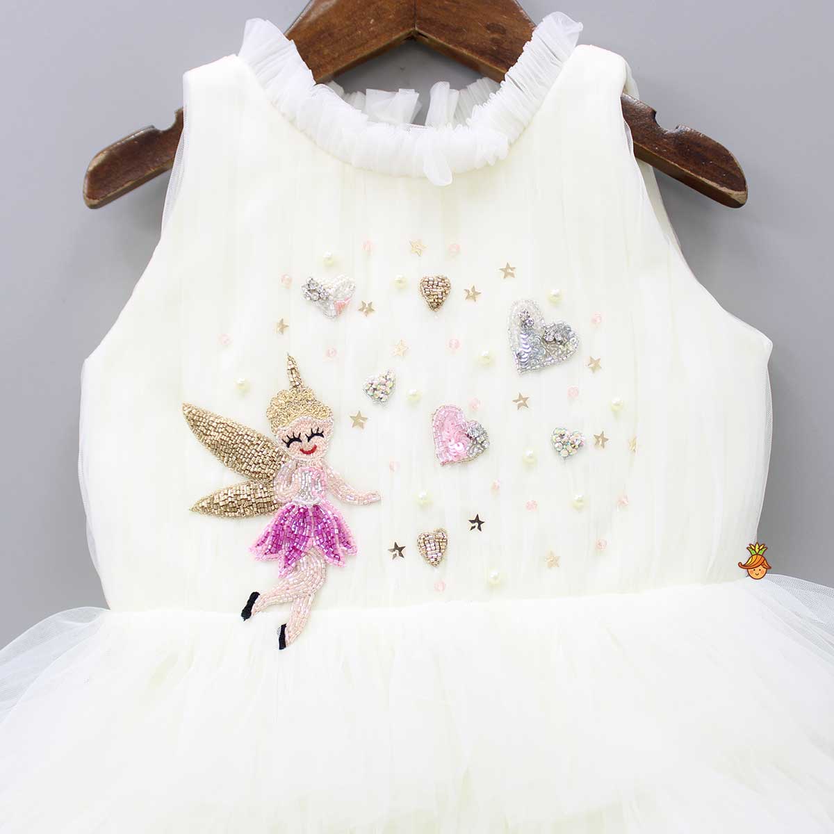 Pre Order: Fairy Embroidered Yoke Off White Multi Layered Dress With Head Band