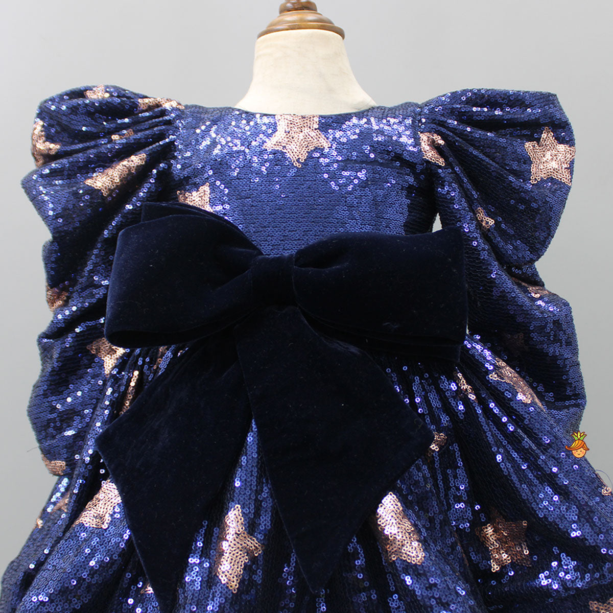 Pre Order: Puffed Sleeves Sequined Blue Dress With Head Band