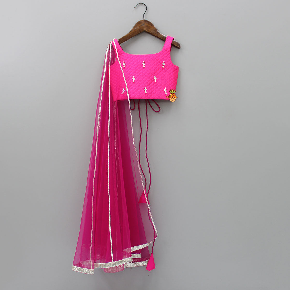 Pink Long Drape Top And Floral Printed Lehenga