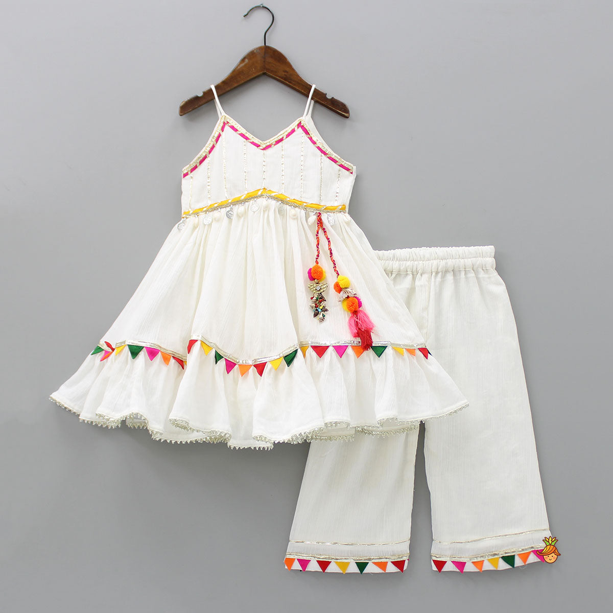 Pre Order: Colourful Tassels Detailed White Kurti And Palazzo Pant With Orange Leheriya Dupatta