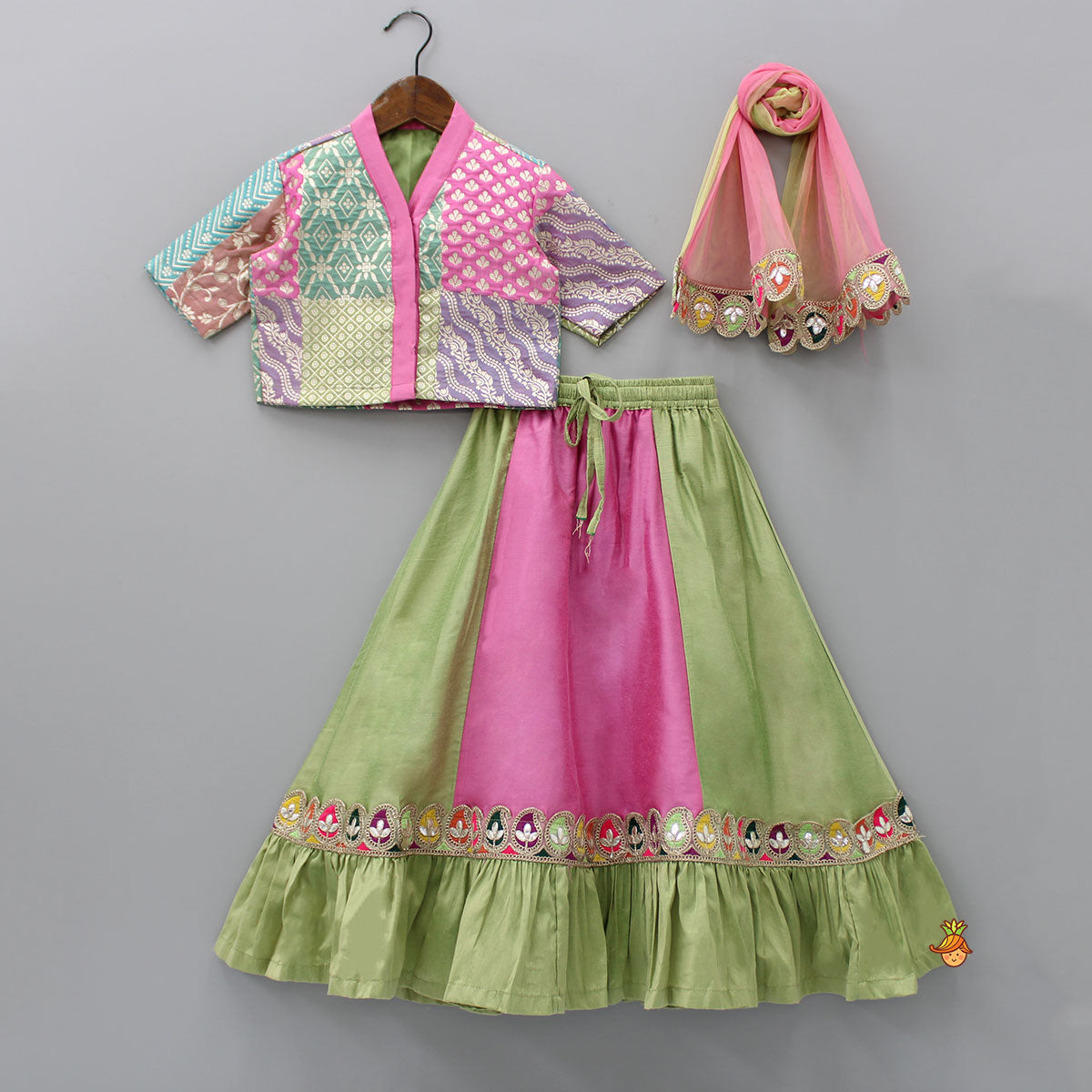 Pre Order: Multicolour Top And Ruffle Hem Colour Block Lehenga With Dual Tone Dupatta