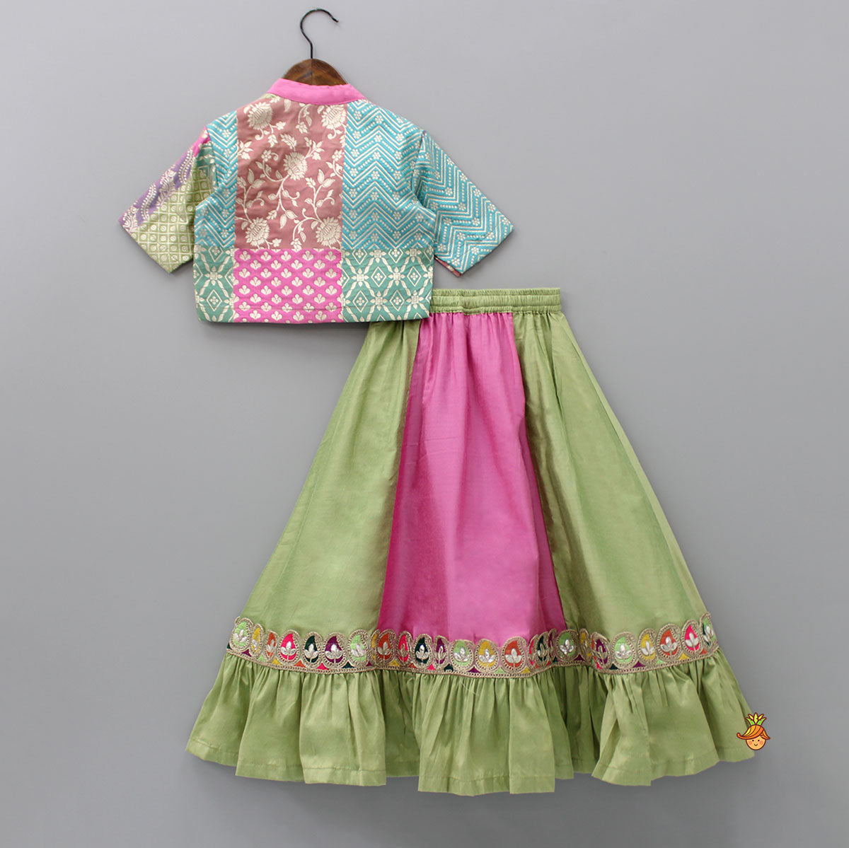 Pre Order: Multicolour Top And Ruffle Hem Colour Block Lehenga With Dual Tone Dupatta