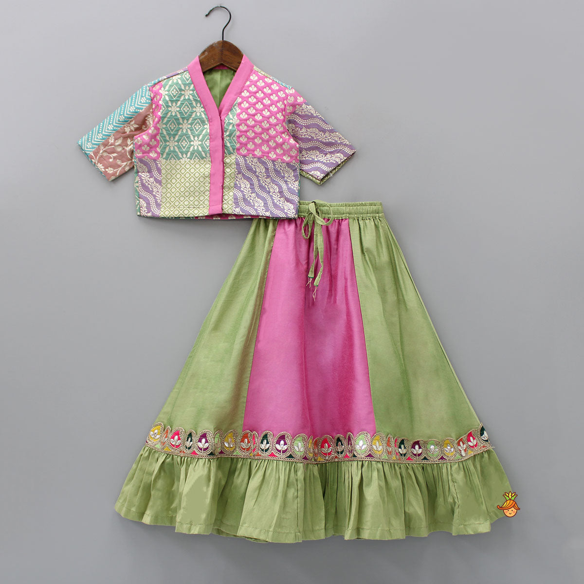 Pre Order: Multicolour Top And Ruffle Hem Colour Block Lehenga With Dual Tone Dupatta