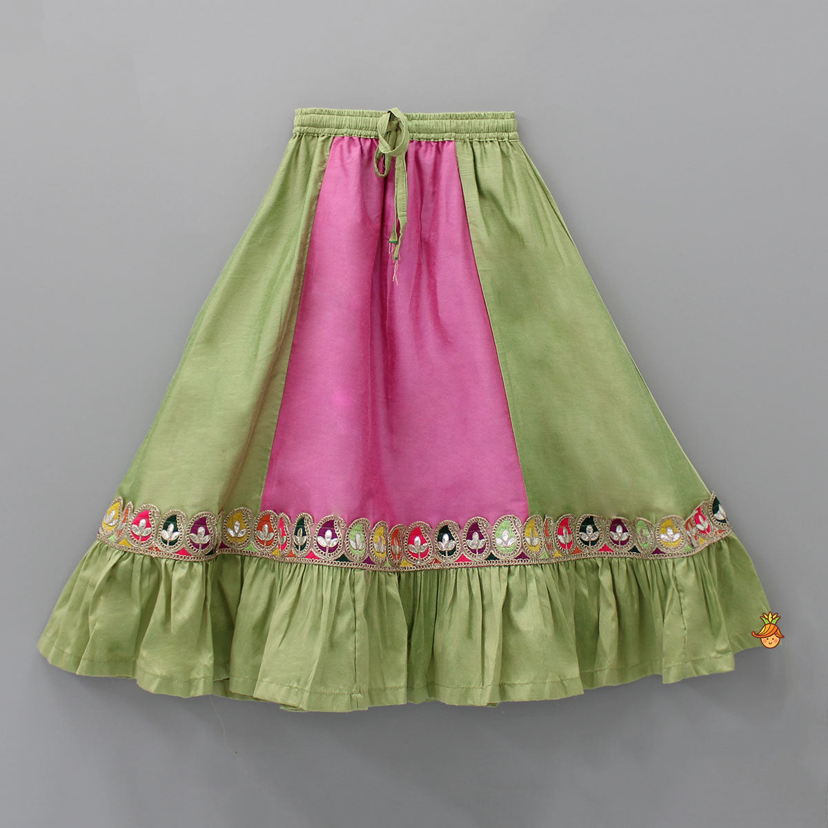 Pre Order: Multicolour Top And Ruffle Hem Colour Block Lehenga With Dual Tone Dupatta