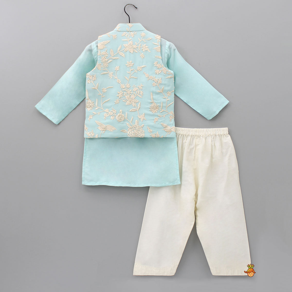 Pre Order: Blue Kurta With Pocket Detail Embroidered Jacket And Pyjama