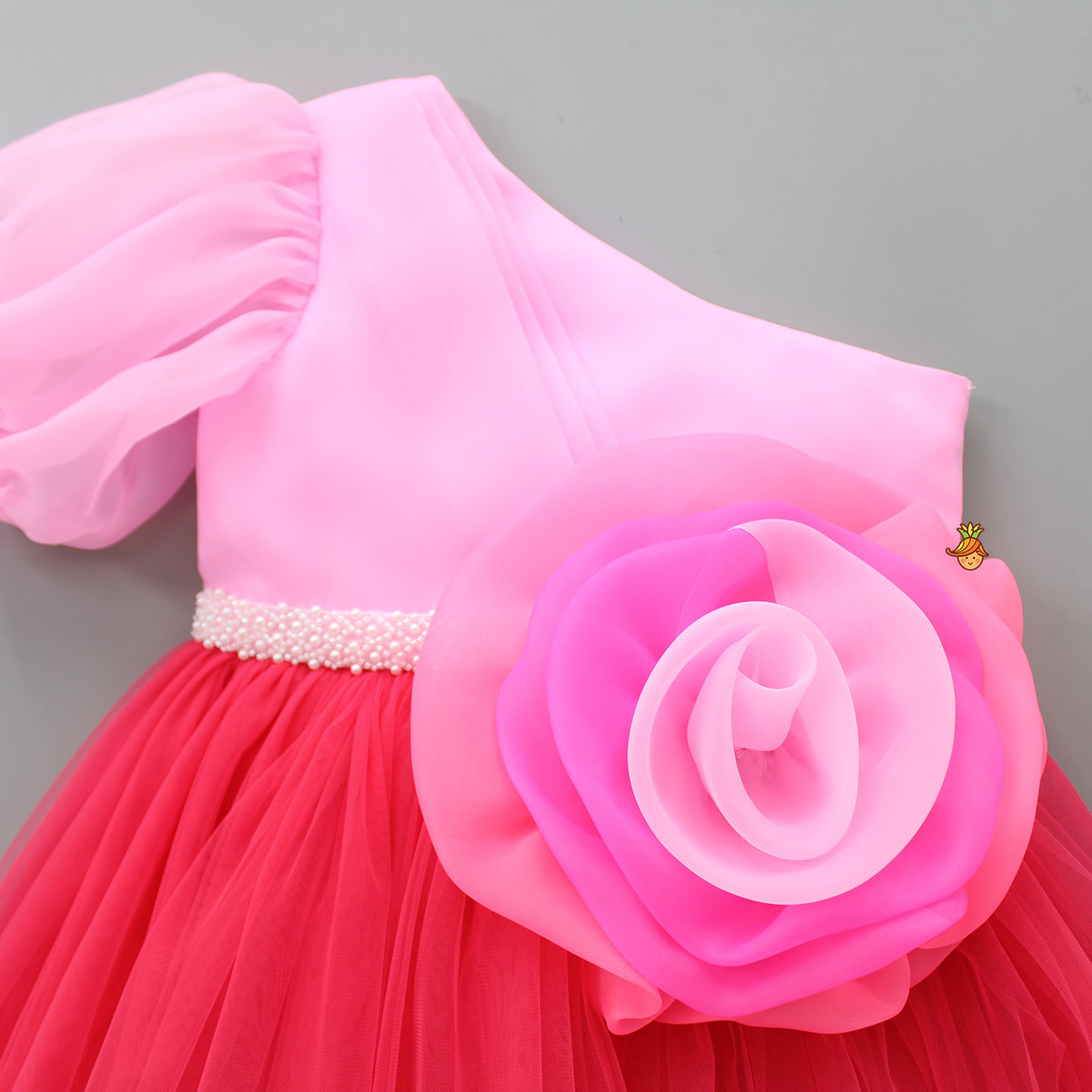 Pre Order: One Shoulder Swirled Flower Enhanced Flared Pink And Red Dress