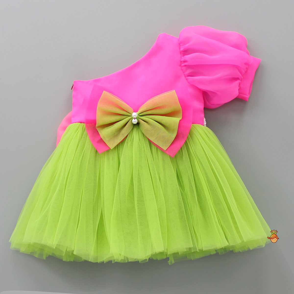Pre Order: One Shoulder Swirled Flower Enhanced Flared Pink And Green Dress