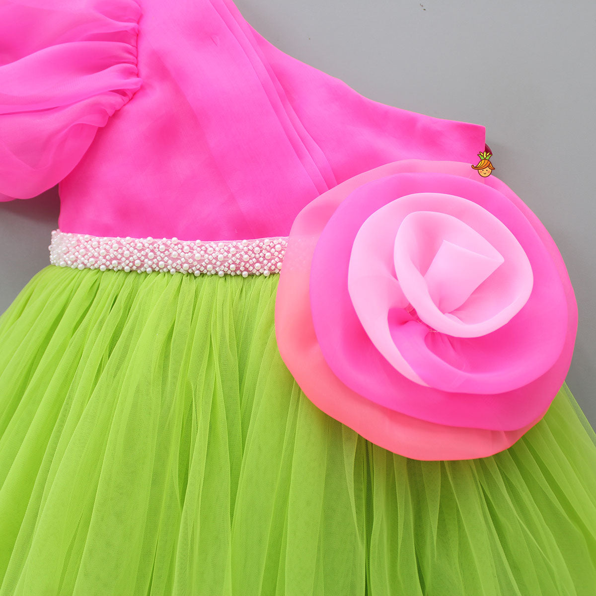 Pre Order: One Shoulder Swirled Flower Enhanced Flared Pink And Green Dress