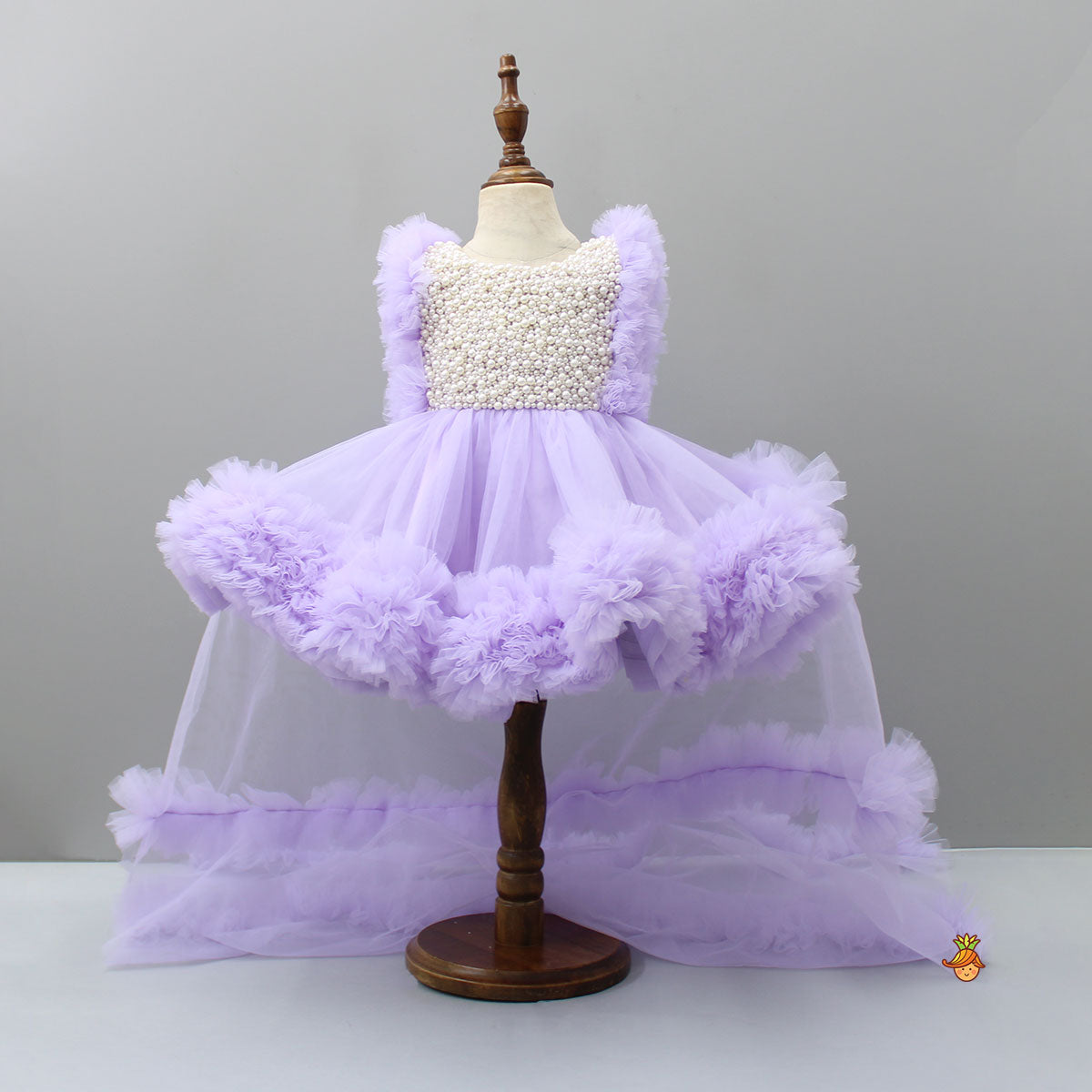 Pre Order: Embroidered Yoke Ruffle Hem Lavender Dress With Detachable Trail And Matching Head Band