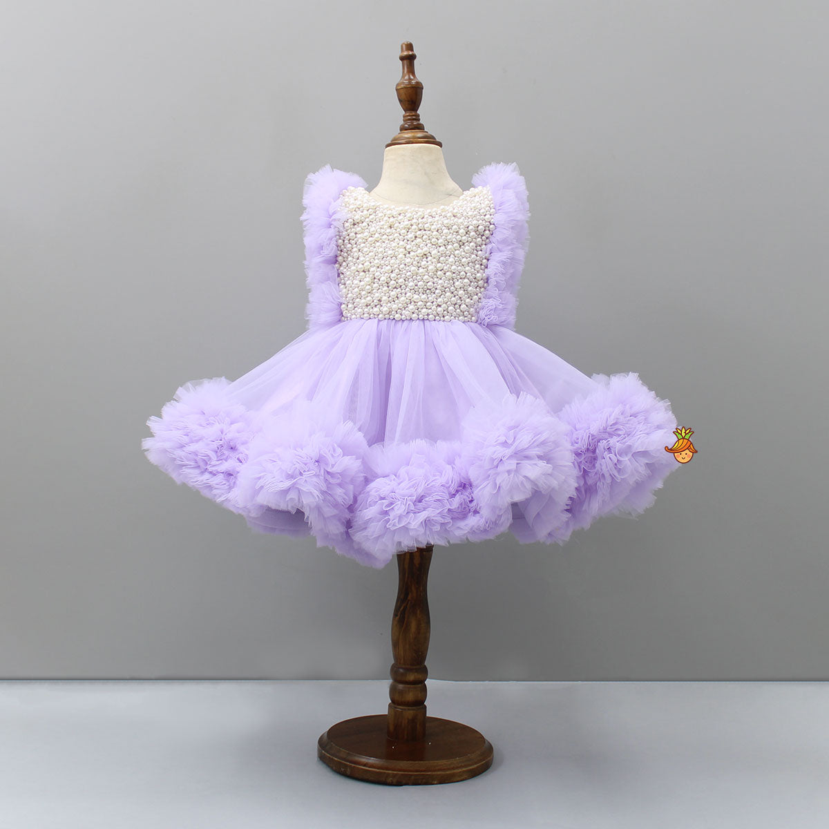 Pre Order: Embroidered Yoke Ruffle Hem Lavender Dress With Detachable Trail And Matching Head Band