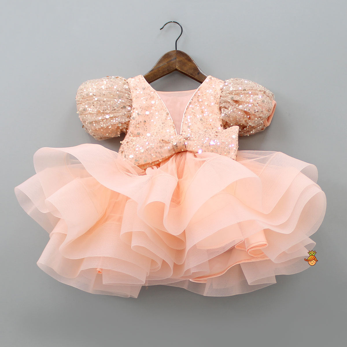 Pre Order: Sequined Peach Puff Sleeves Ruffle Dress With Bowie Head Band