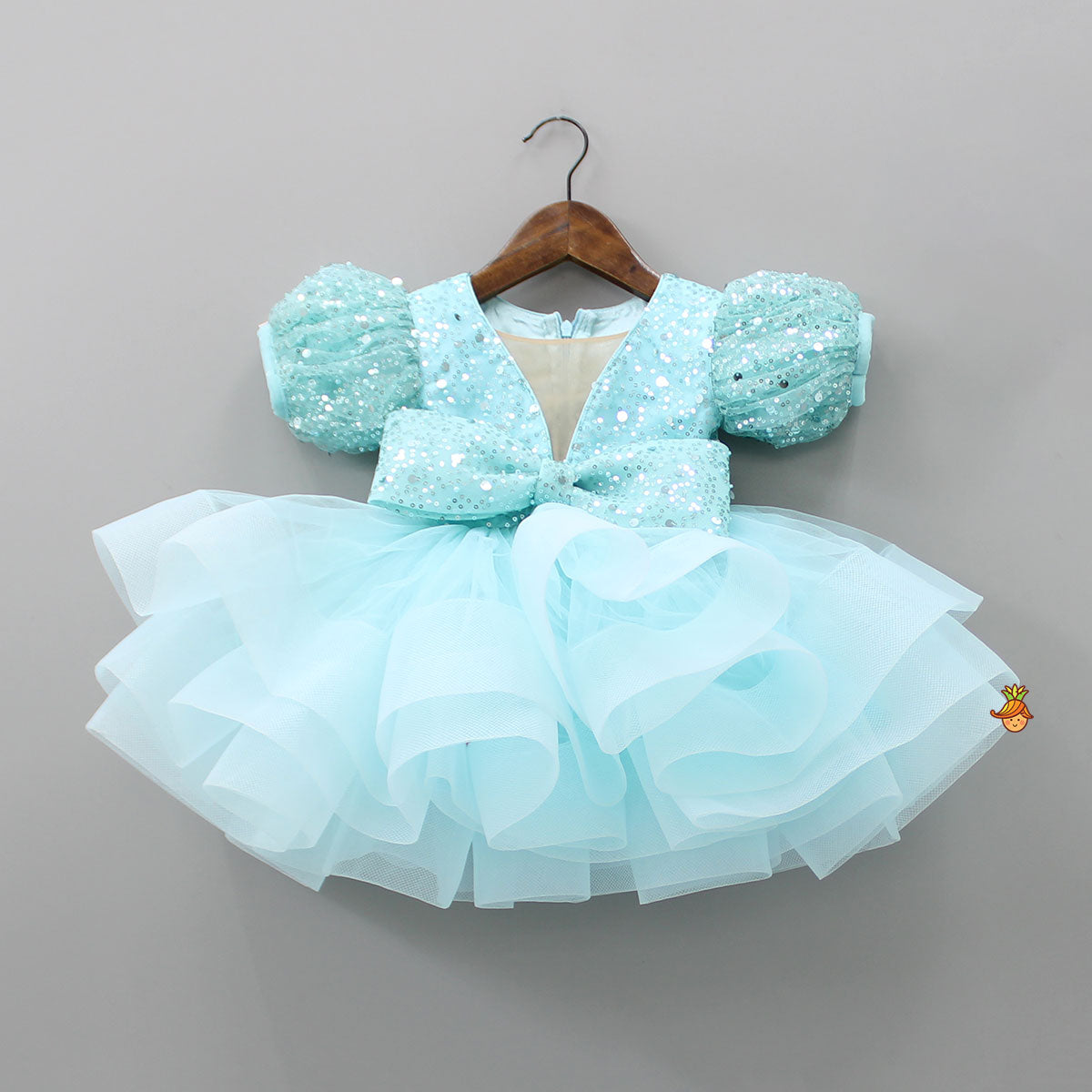 Pre Order: Beautiful Sequined Puff Sleeves Ruffle Dress With Bowie Head Band