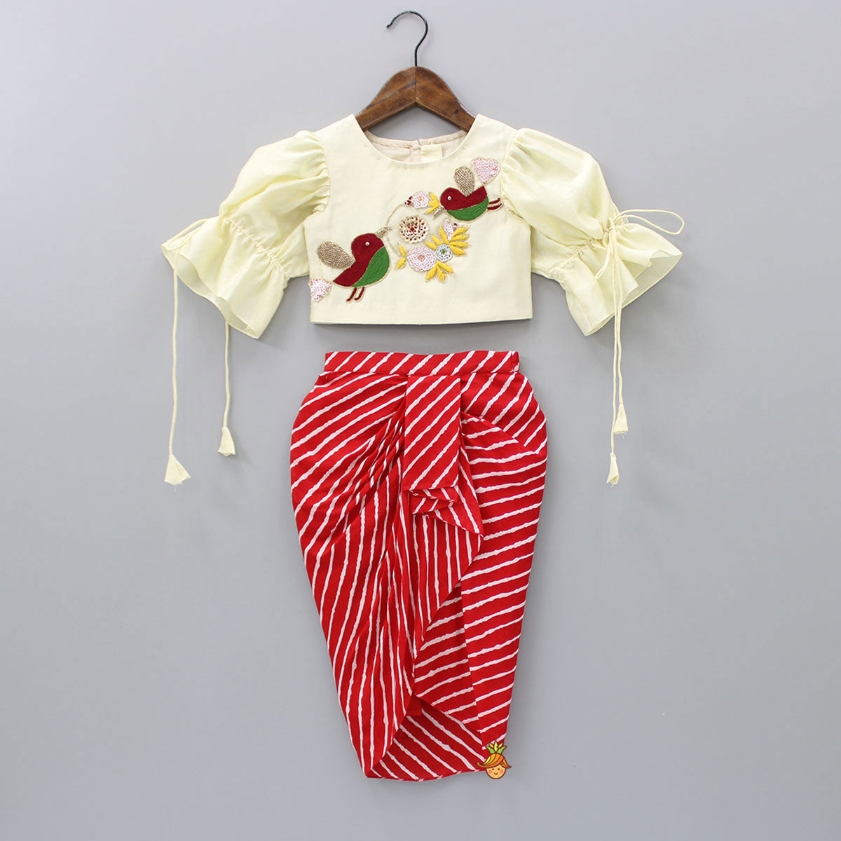 Pre Order: Bird Embroidered Top With Red Striped Dhoti Style Skirt