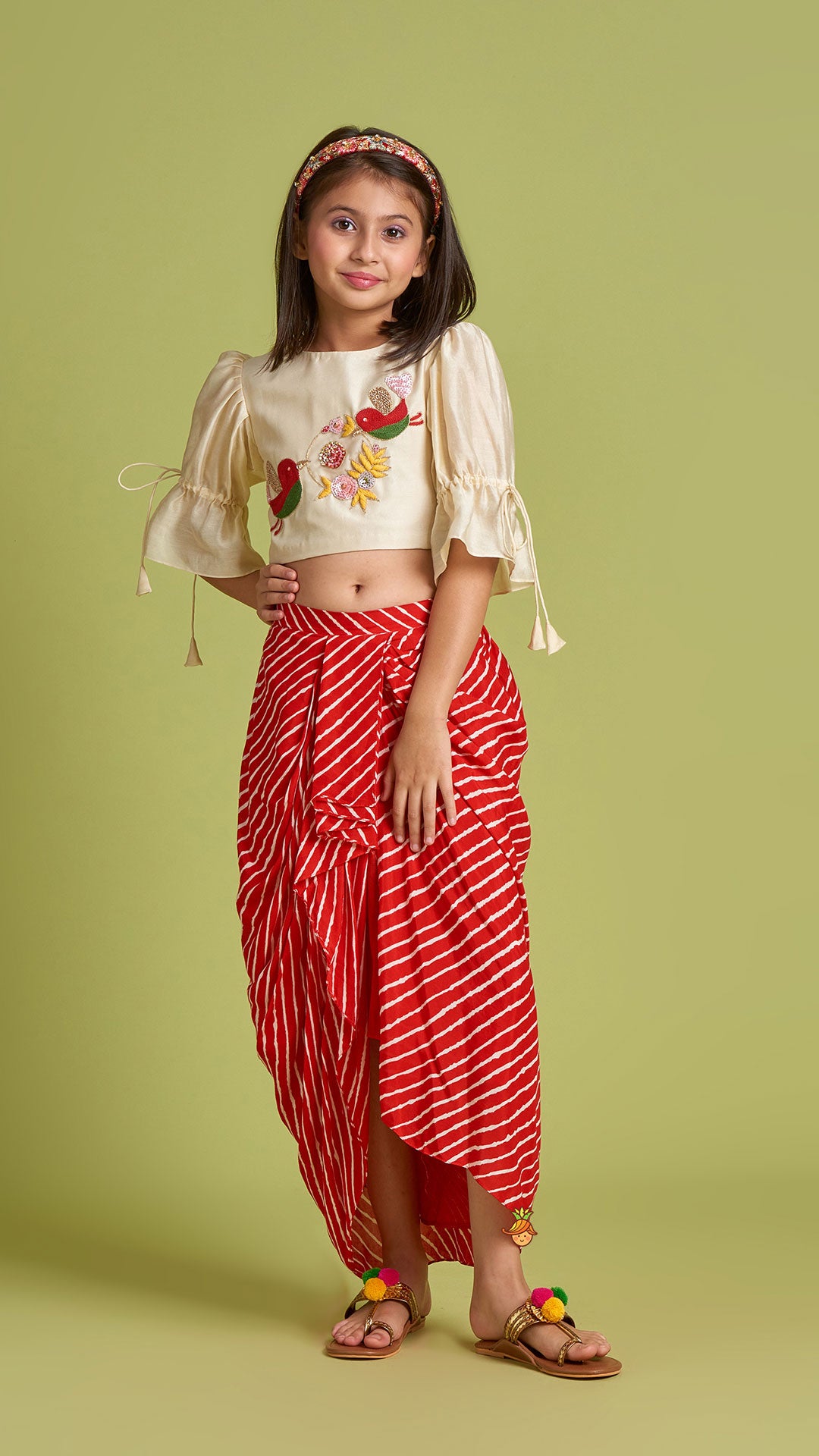 Pre Order: Bird Embroidered Top With Red Striped Dhoti Style Skirt