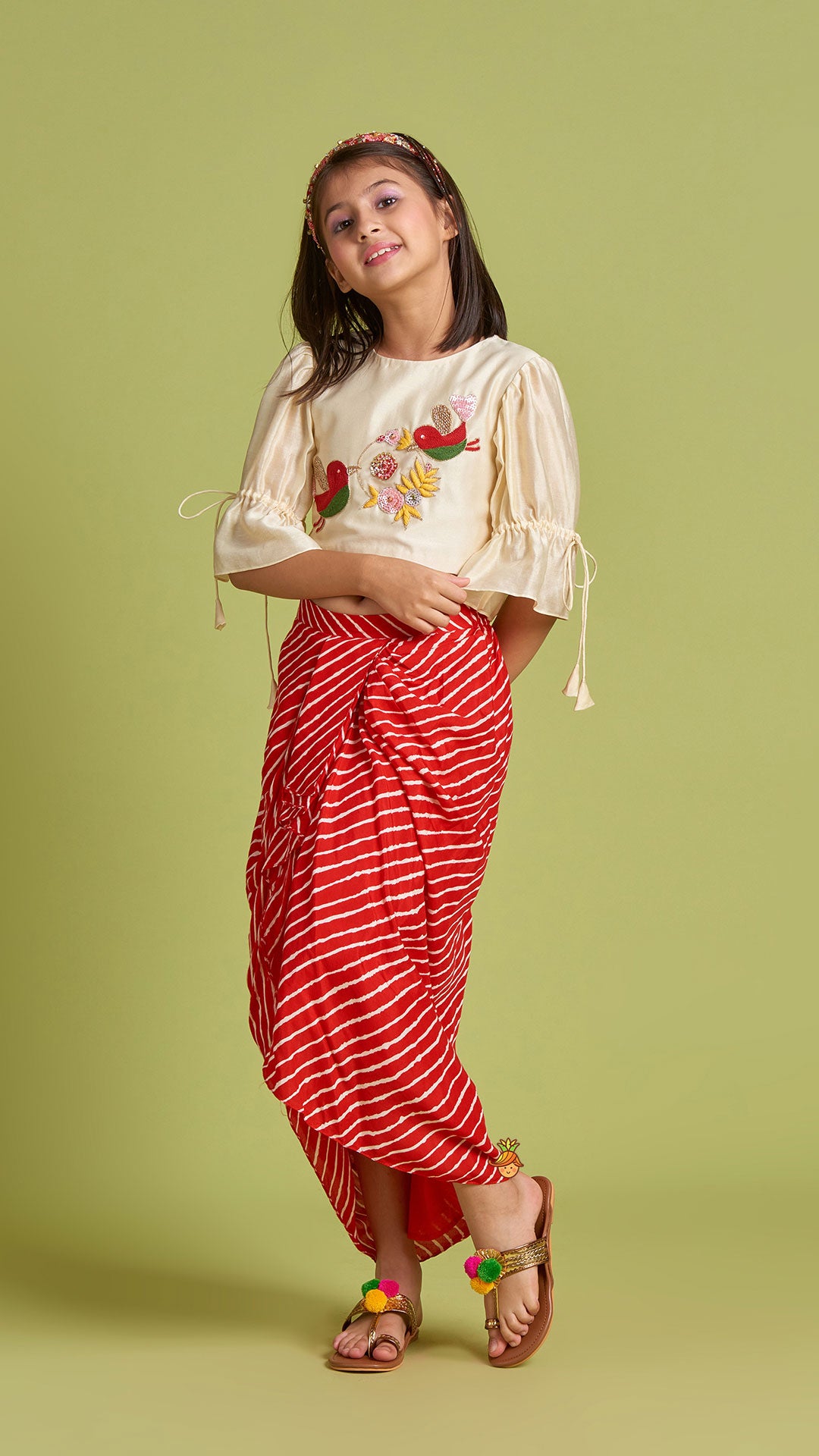 Pre Order: Bird Embroidered Top With Red Striped Dhoti Style Skirt