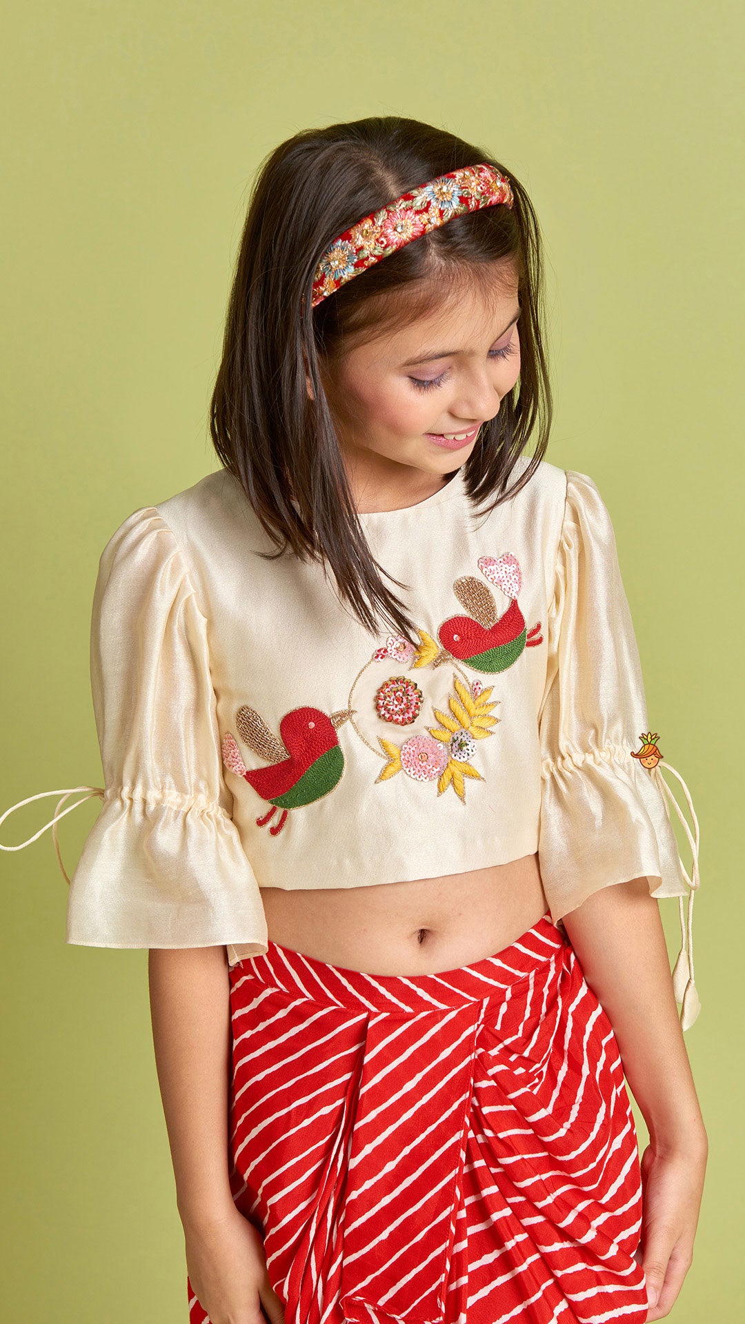 Pre Order: Bird Embroidered Top With Red Striped Dhoti Style Skirt