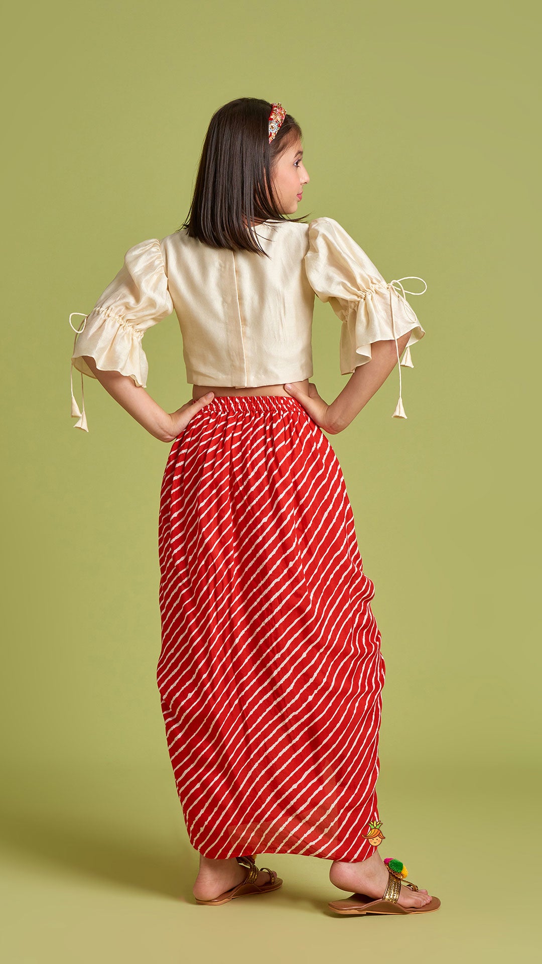 Pre Order: Bird Embroidered Top With Red Striped Dhoti Style Skirt