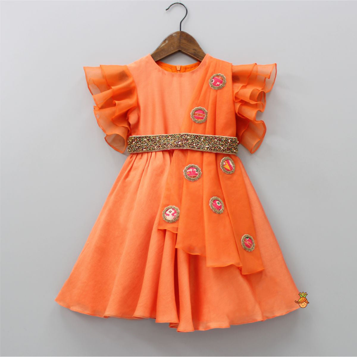 Pre Order: Organza Ruffle Sleeves Orange Flap Kurti With Attached Waist Belt