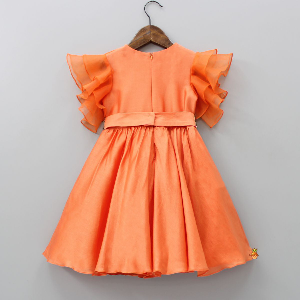 Pre Order: Organza Ruffle Sleeves Orange Flap Kurti With Attached Waist Belt