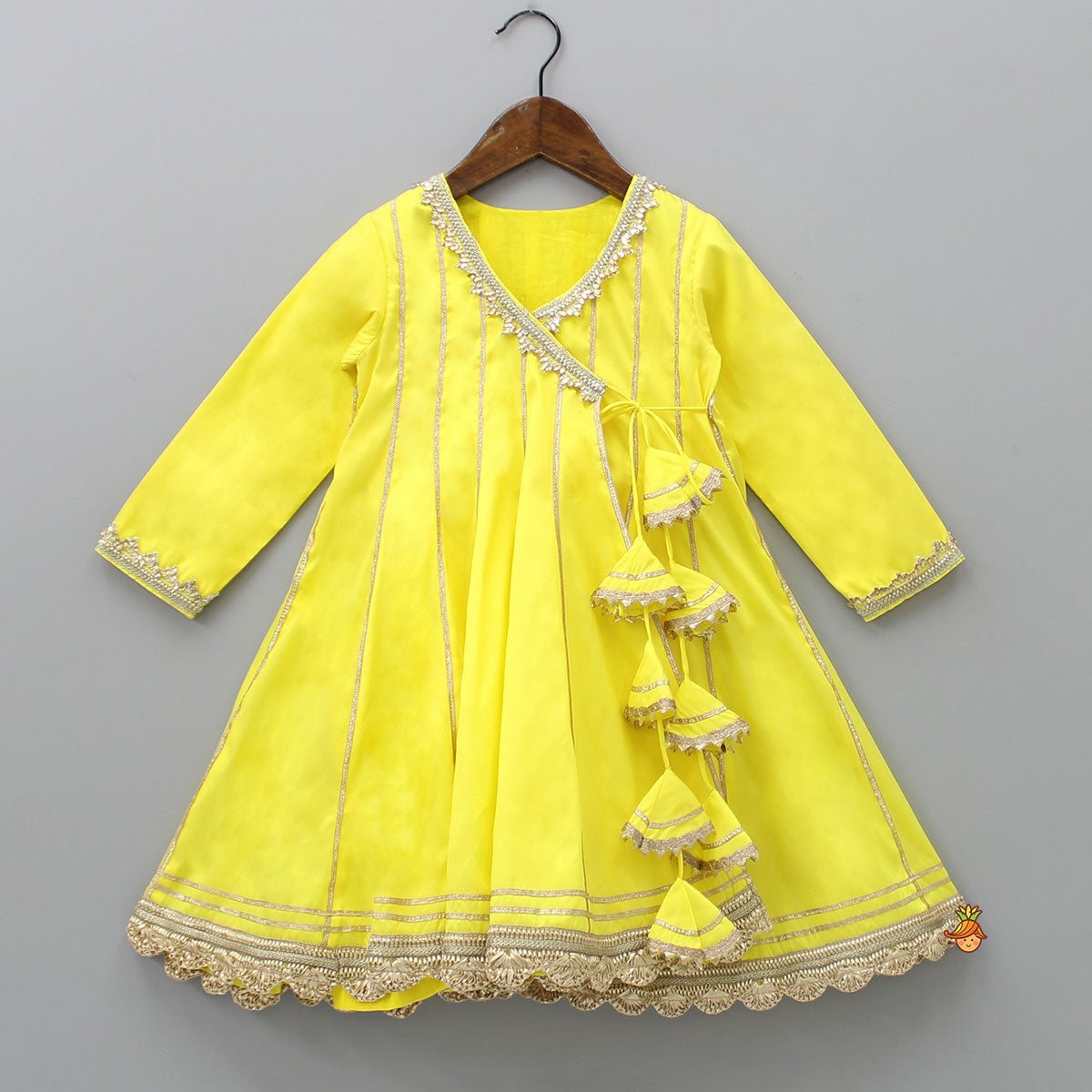 Pre Order: Gota Lace Detailed Angarkha Style Yellow Kurti And Pant