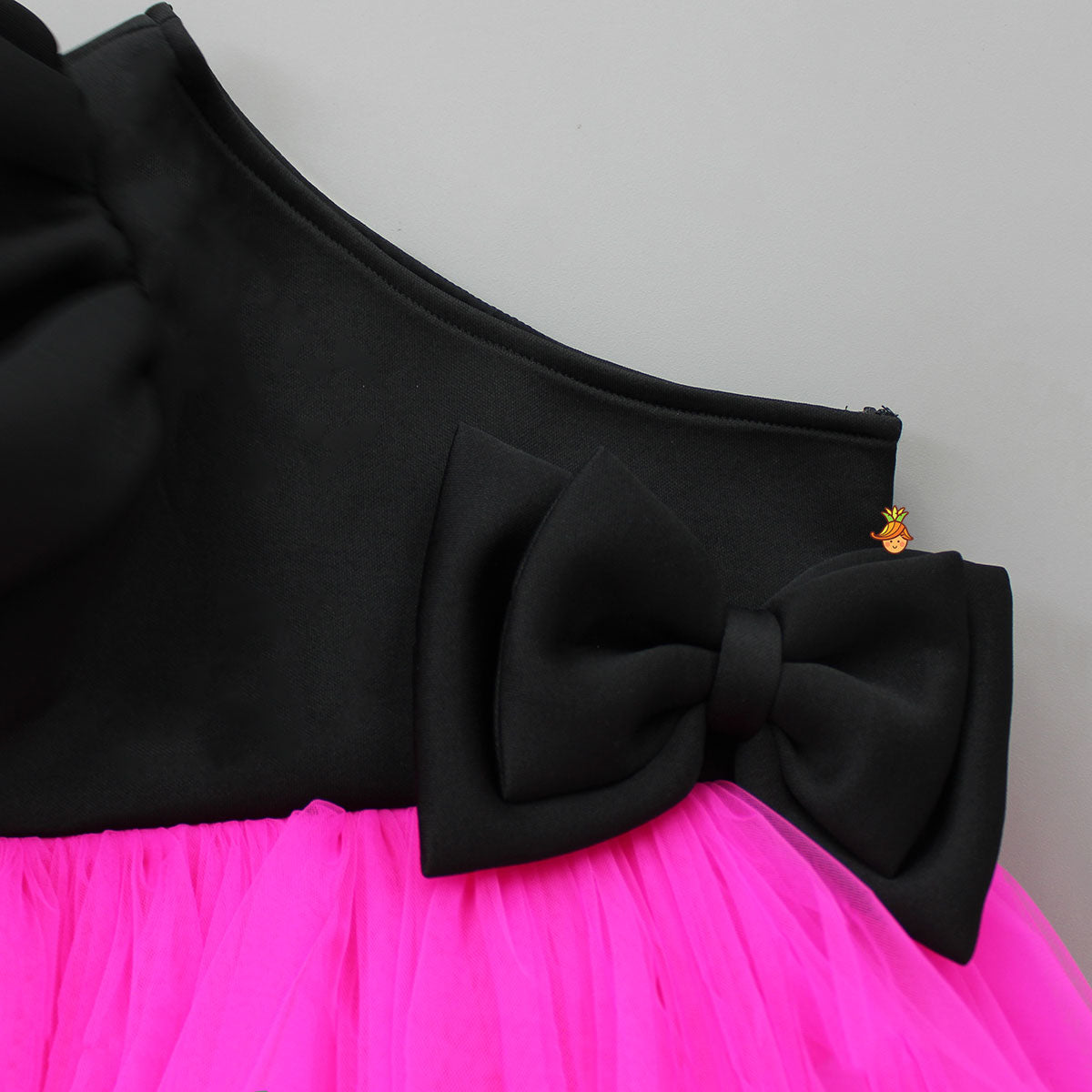 Pre Order: One Shoulder Bow Enhanced Pink And Black Net Dress