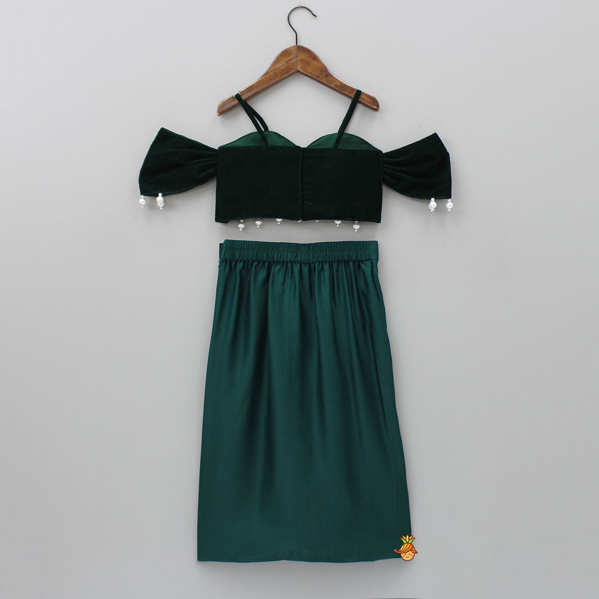 Pre Order: Velvet Green Off Shoulder Top And Dhoti Style Skirt