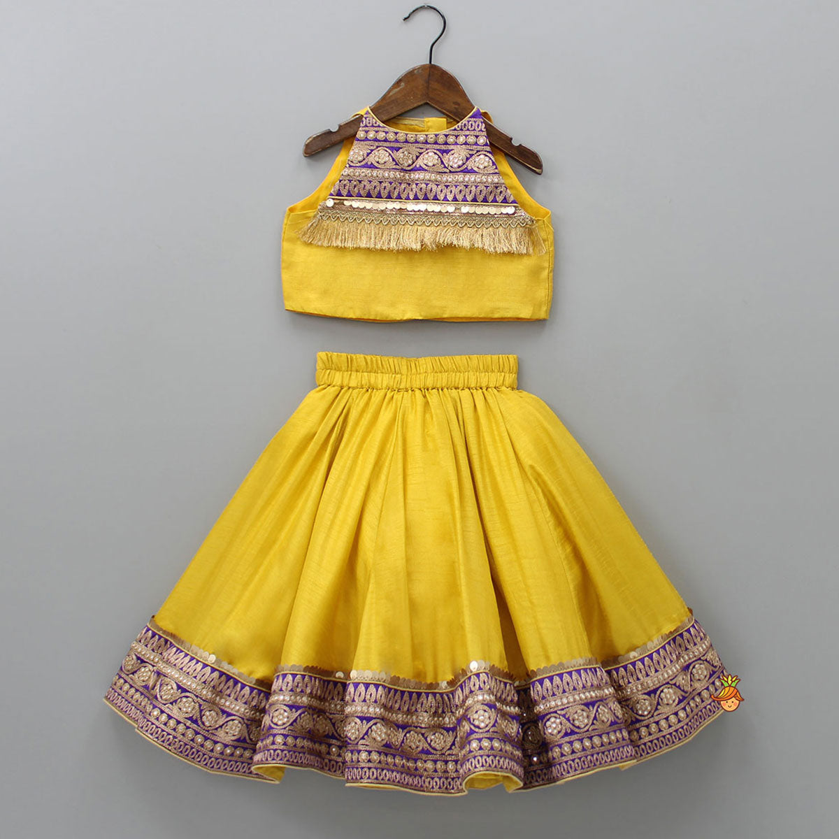 Pre Order: Embroidered Mustard Top And Lehenga With Fringed Net Dupatta