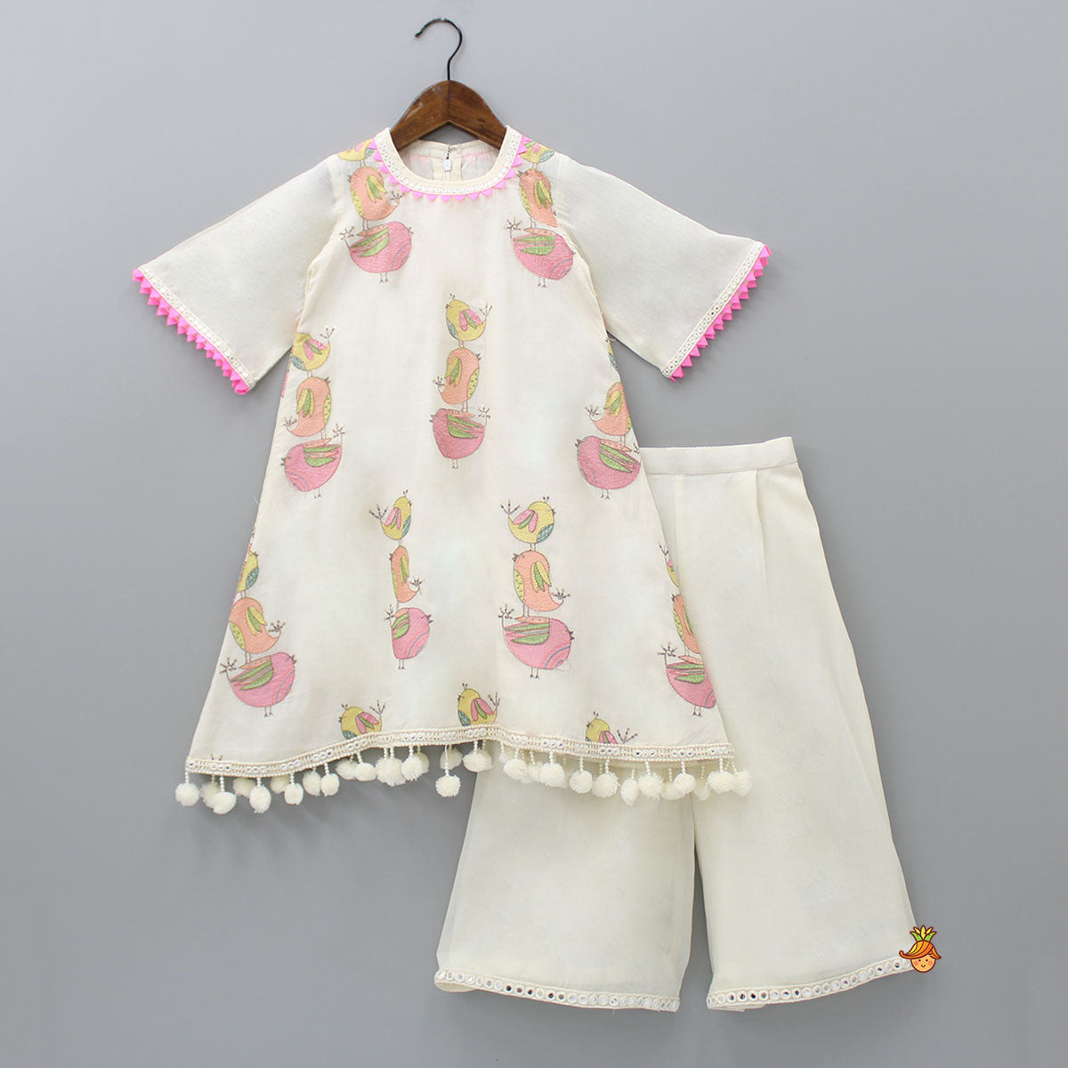 Pre Order: Bird Embroidered Off-White Kurti And Palazzo