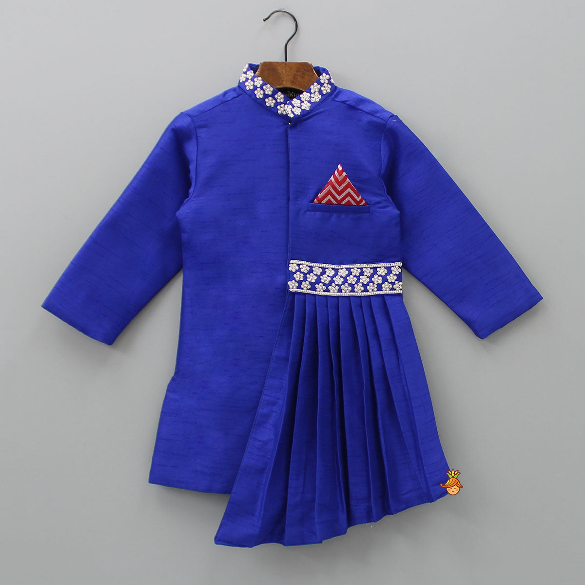 Pre Order: Flowers Embellished Pleated Asymmetric Blue Sherwani And Churidar