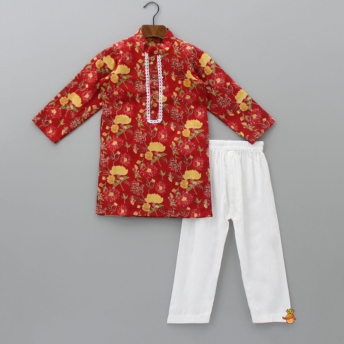 Pre Order: Lace Detail Front Placket Red Printed Kurta And Pyjama