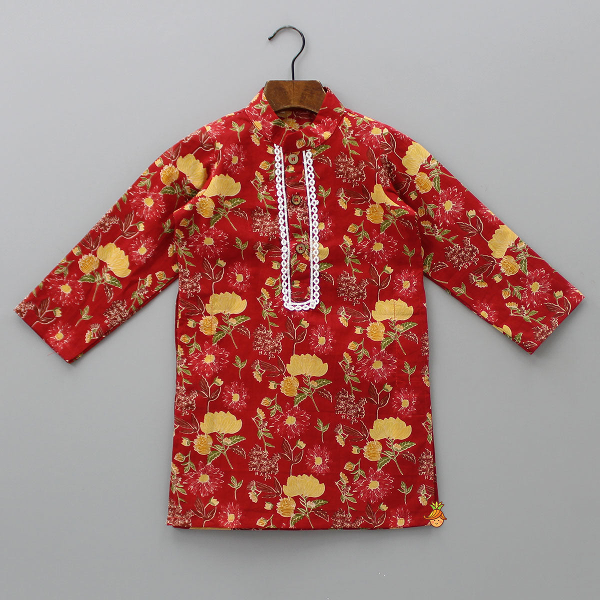 Pre Order: Lace Detail Front Placket Red Printed Kurta And Pyjama