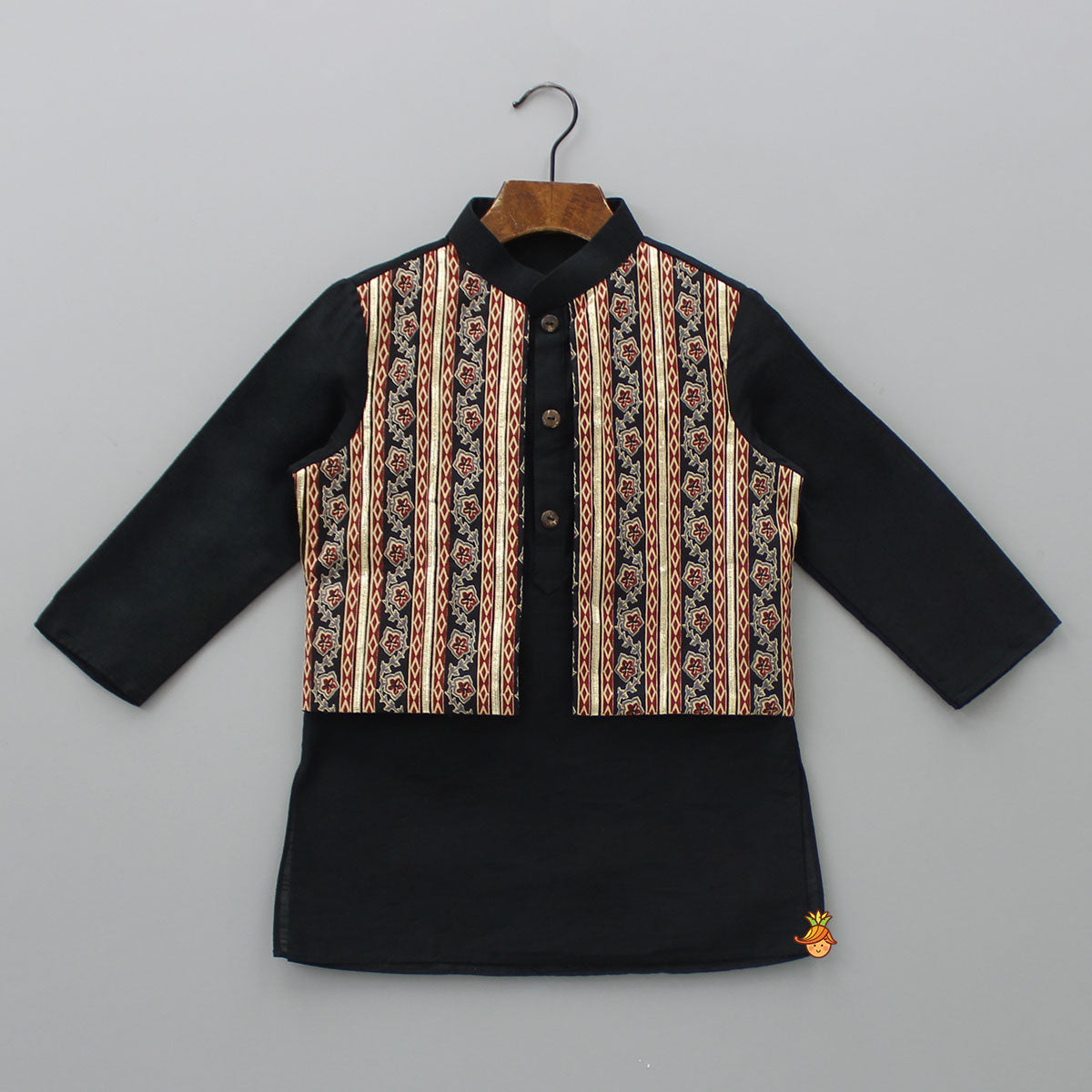 Pre Order: Gota Lace Detailed Jacket Style Black Kurta And Pyjama