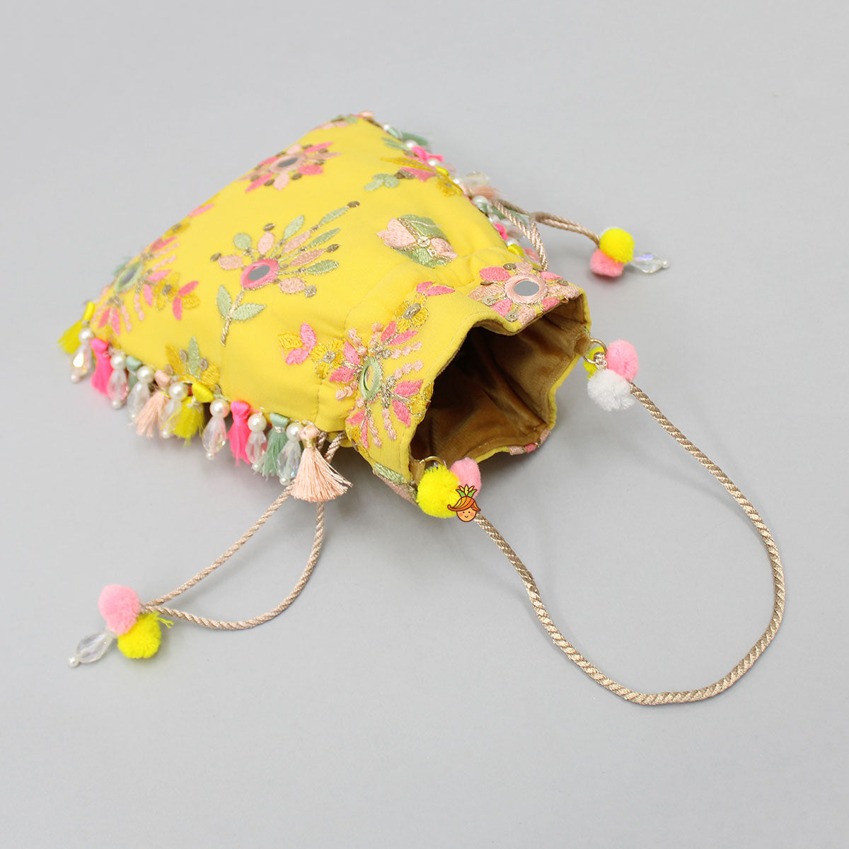 Elegant Embroidered Fringed Yellow Potli Bag